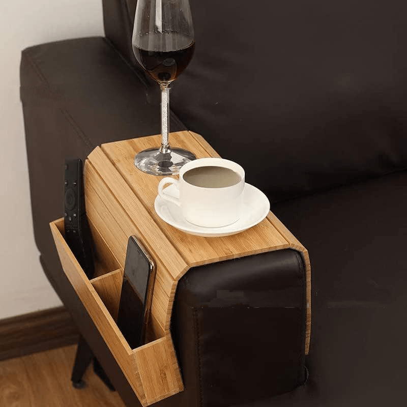 Bamboe sofa armleuning dienblad – opvouwbaar met bekerhouder, klassiek design voor dranken en snacks