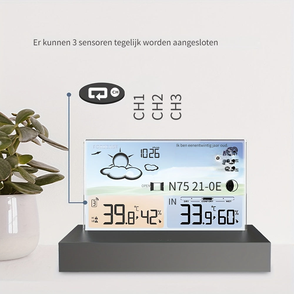 Weerthermometer Klok – Transparant Glas met Kleurenscherm & Draadloze Sensor