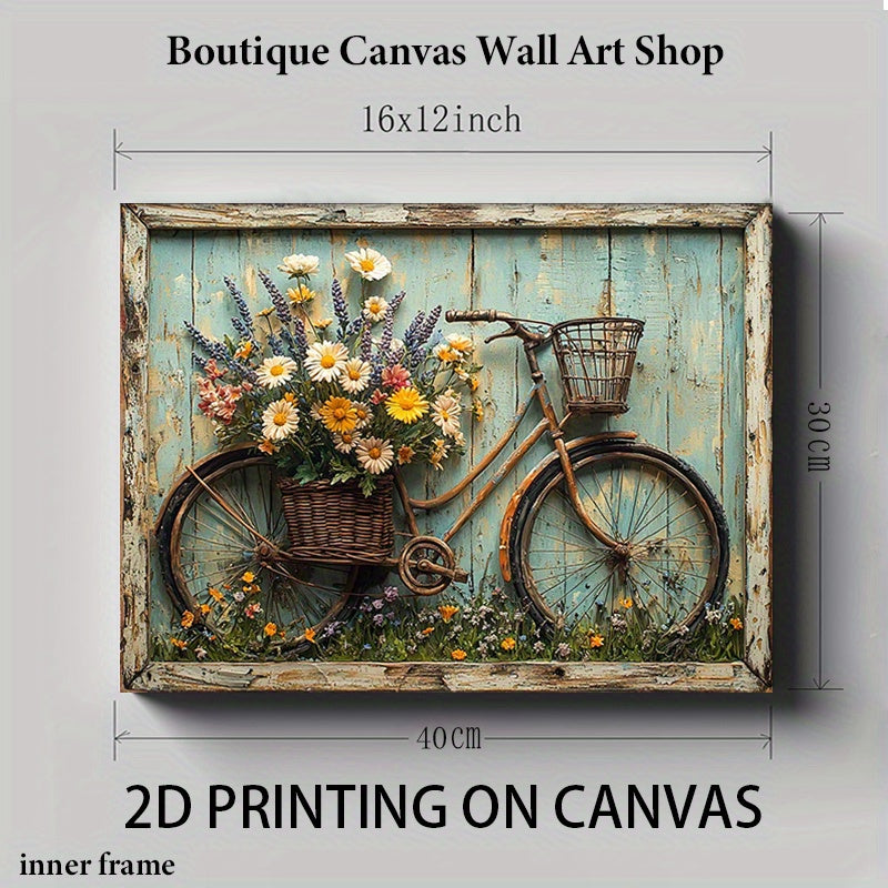 BloomRide Wanddecoratie – 2D Houten Ingelijst Canvas Schilderij met Vintage Fiets & Bloemenmand