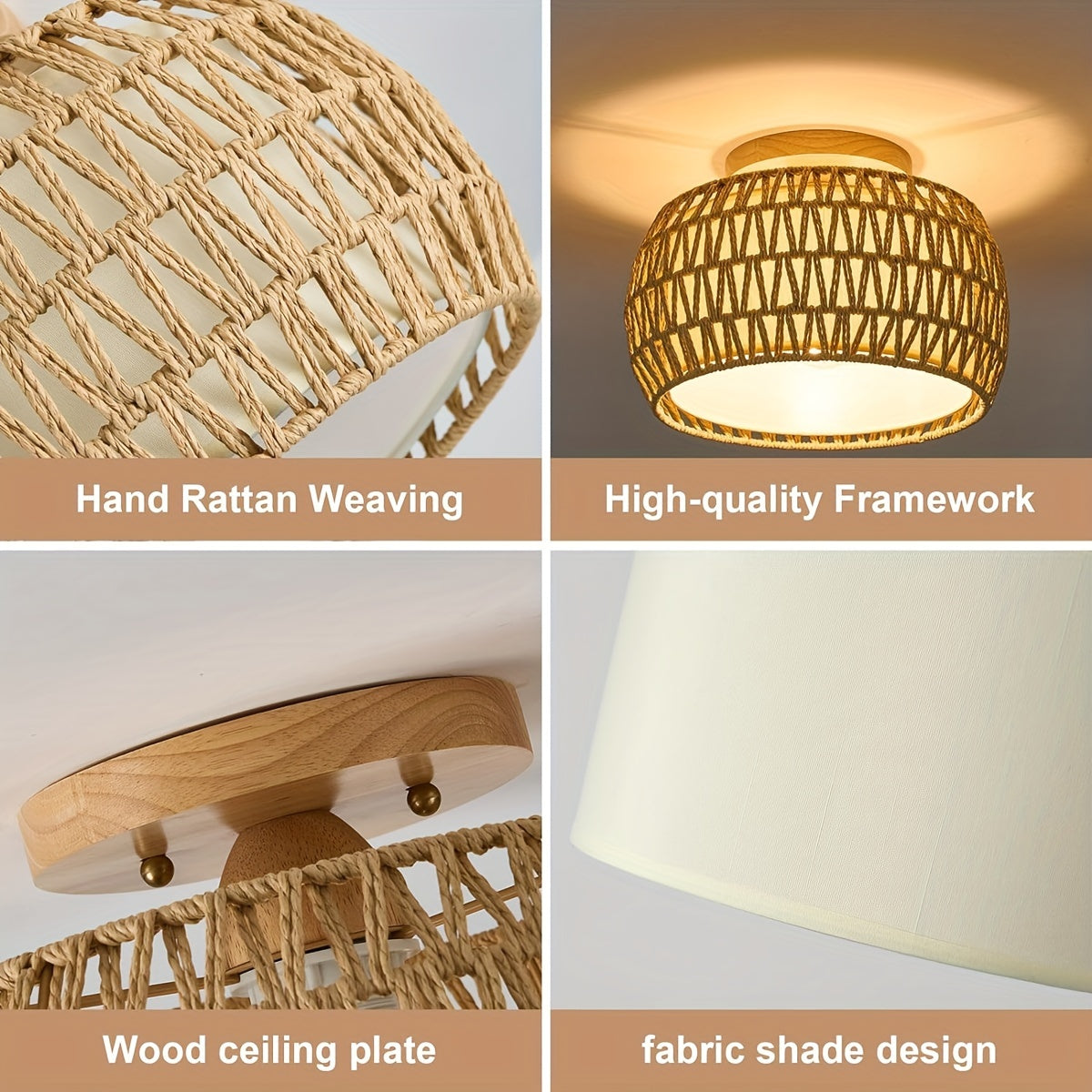 Boheemse rotan plafondlamp – handgeweven semi-flush armatuur voor boerderijdecor en sfeervolle binnenverlichting