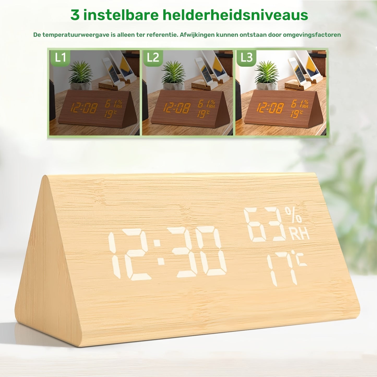 Driehoekige Houten LED Wekker – Digitaal Display met Temperatuur & Vochtigheid