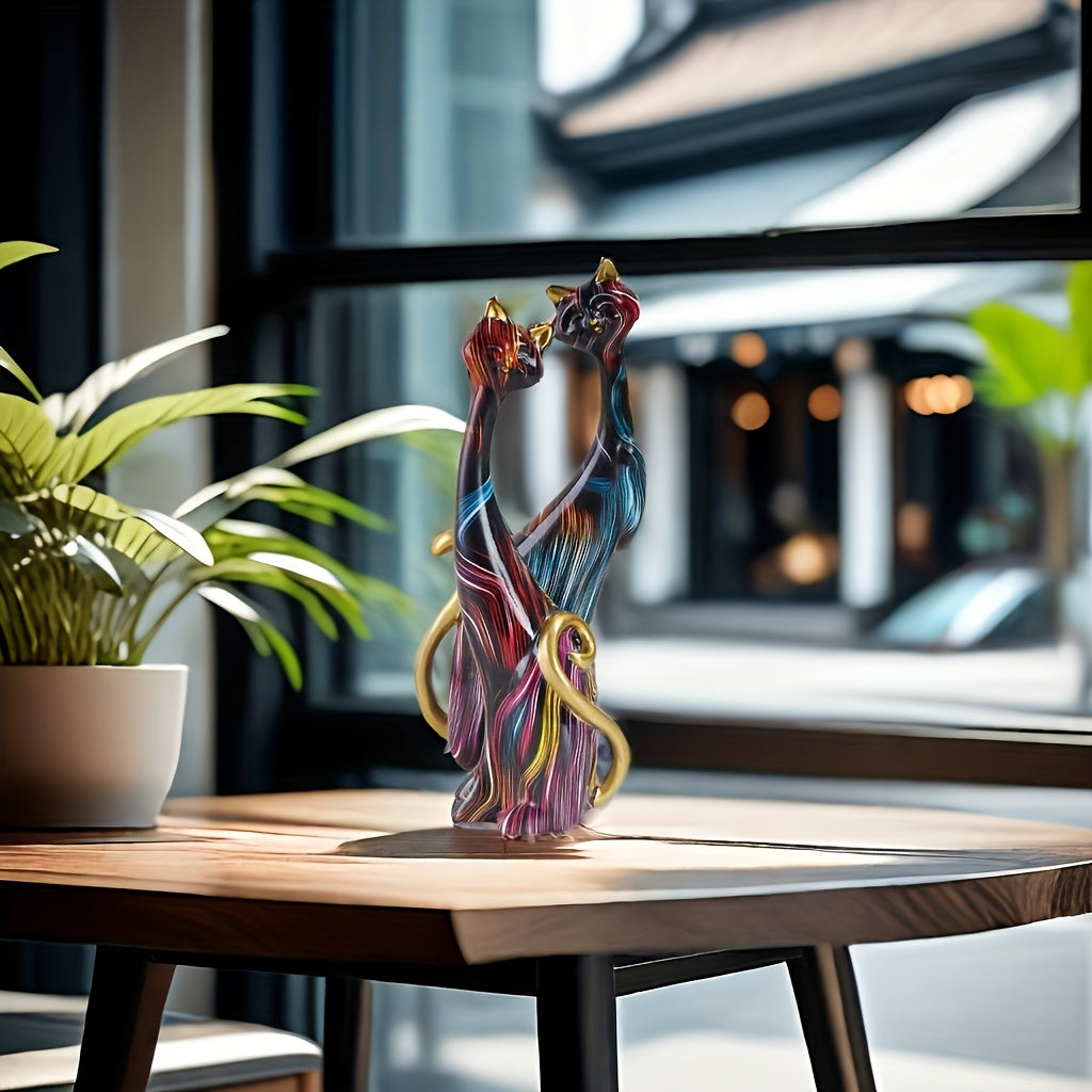Kattenbeeldjes set – 2 stuks in levendige kleuren met gouden accenten, moderne harsdecoratie voor elk interieur