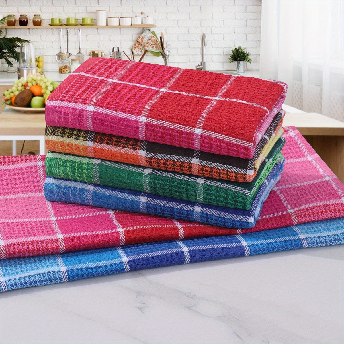 PlaidWipe Keukendoekenset – 6/12 Stuks Langwerpige Wafeldoeken van Katoenmix met Kleurrijk Ruitpatroon