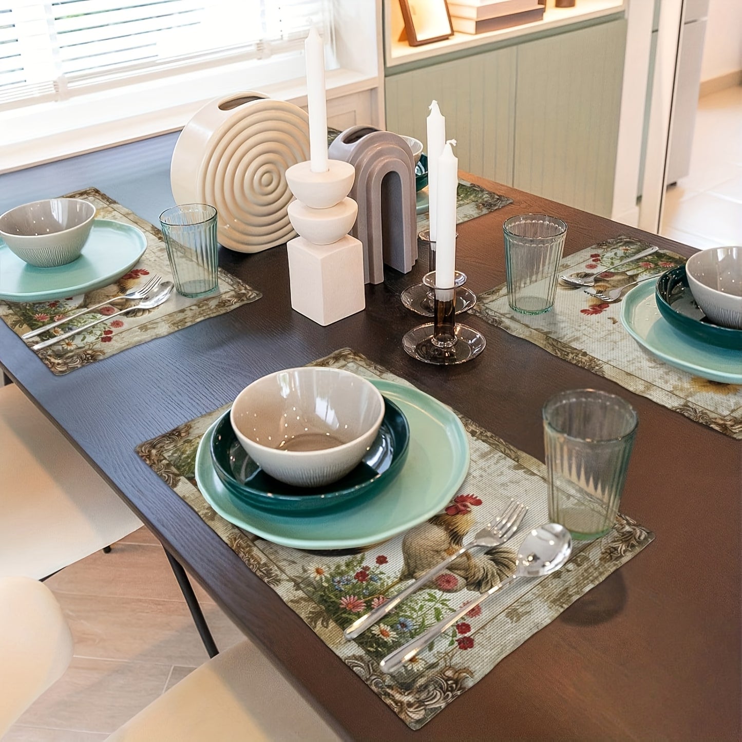 Boerderij Placemats Set – Kippen & Bloemen – Wasbaar