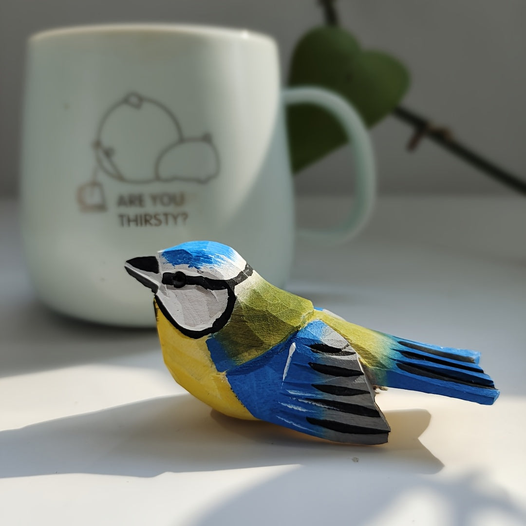 BlueTit Houten Sculptuur – Handgesneden Euraziatische Blauwe Mees voor Klassieke Woondecoratie