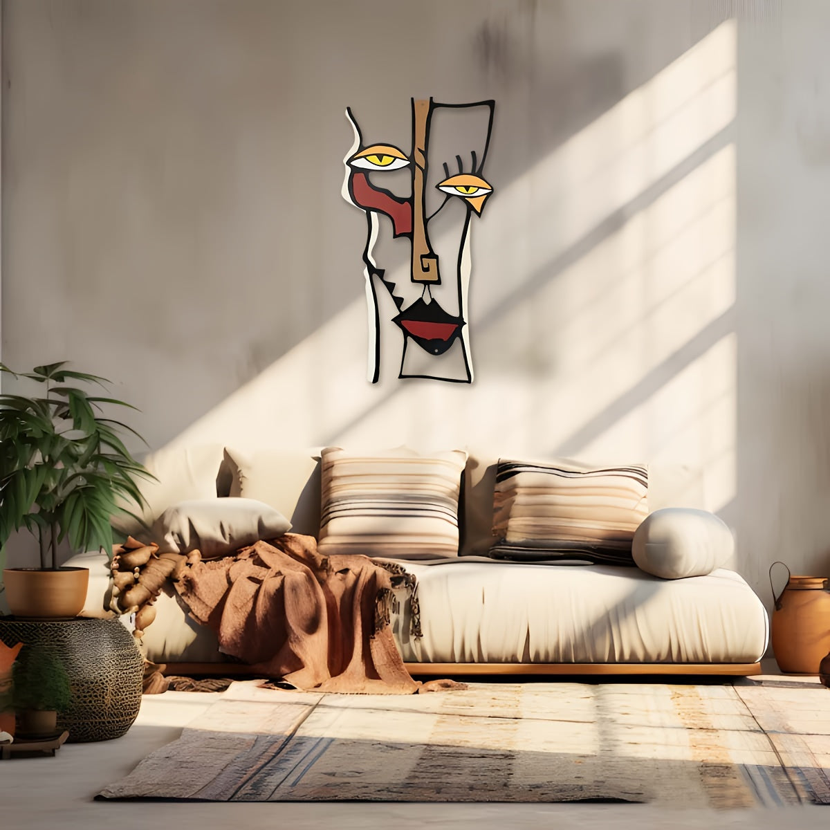 BohoFace Metalen Wanddecoratie met Haak – Abstracte Picasso-Stijl Kunst voor Binnen & Buiten