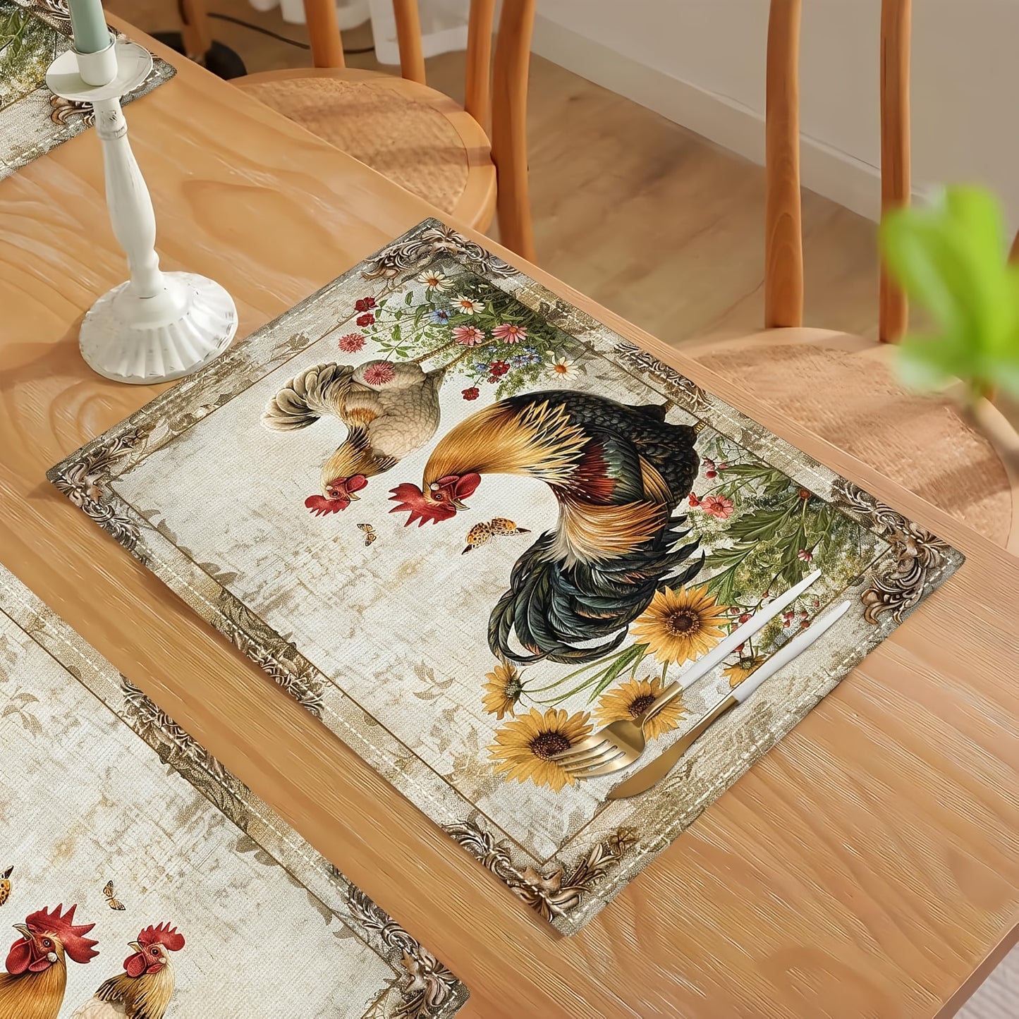 Boerderij Placemats Set – Kippen & Bloemen – Wasbaar