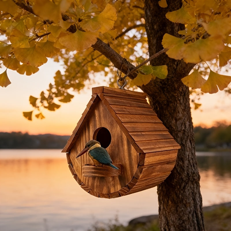 Rustiek Houten Hangend Vogelhuisje – Duurzaam & Decoratief voor Buiten