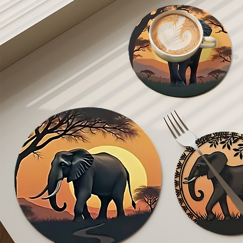 Olifanten Onderzetters Set – 6 Stuks met Afrikaanse Zonsondergang