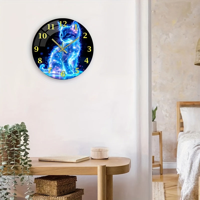 Neon katten wandklok – 12-inch gehard glas met sterrenstelsel kitten design, ideaal als jubileum- of Valentijnscadeau