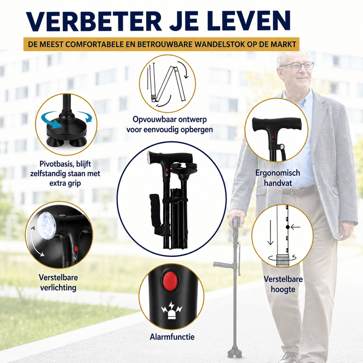 Slimme Wandelstok Met Noodalarm En Led Voor Veilige Buitenbeweging