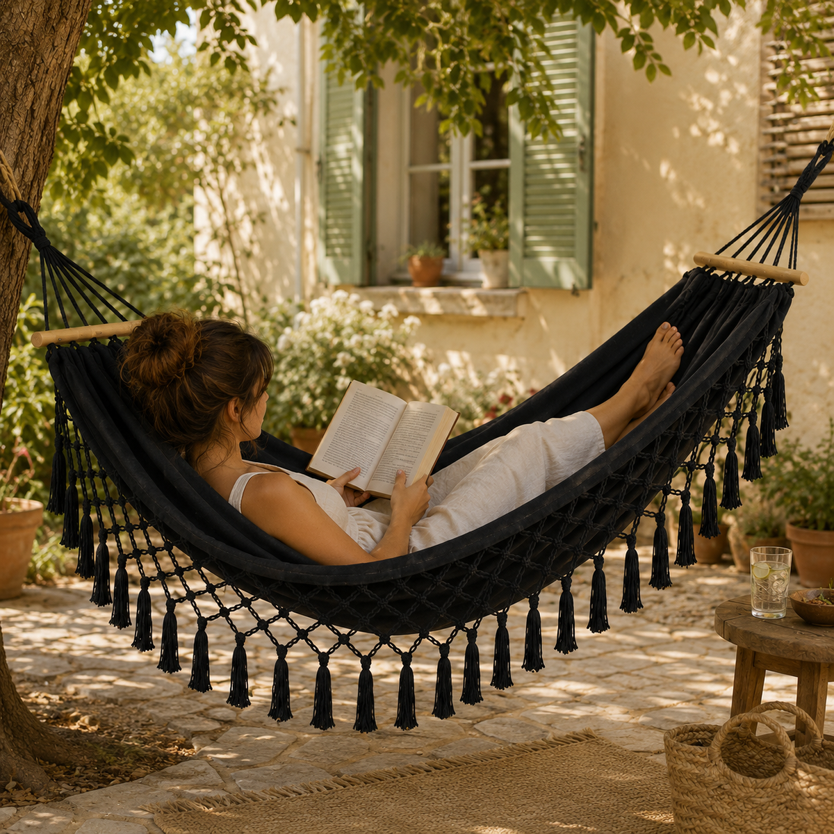 Boho-hangmat van Canvas met Houten Spreidstokken