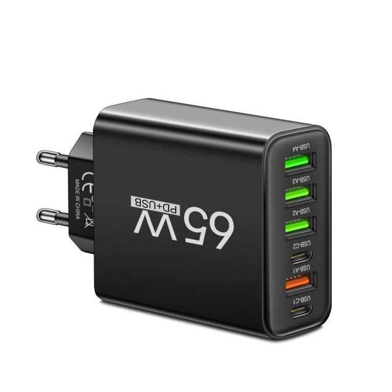 Snelle 6‑in‑1 Oplader 65W met Meerdere USB‑Poorten