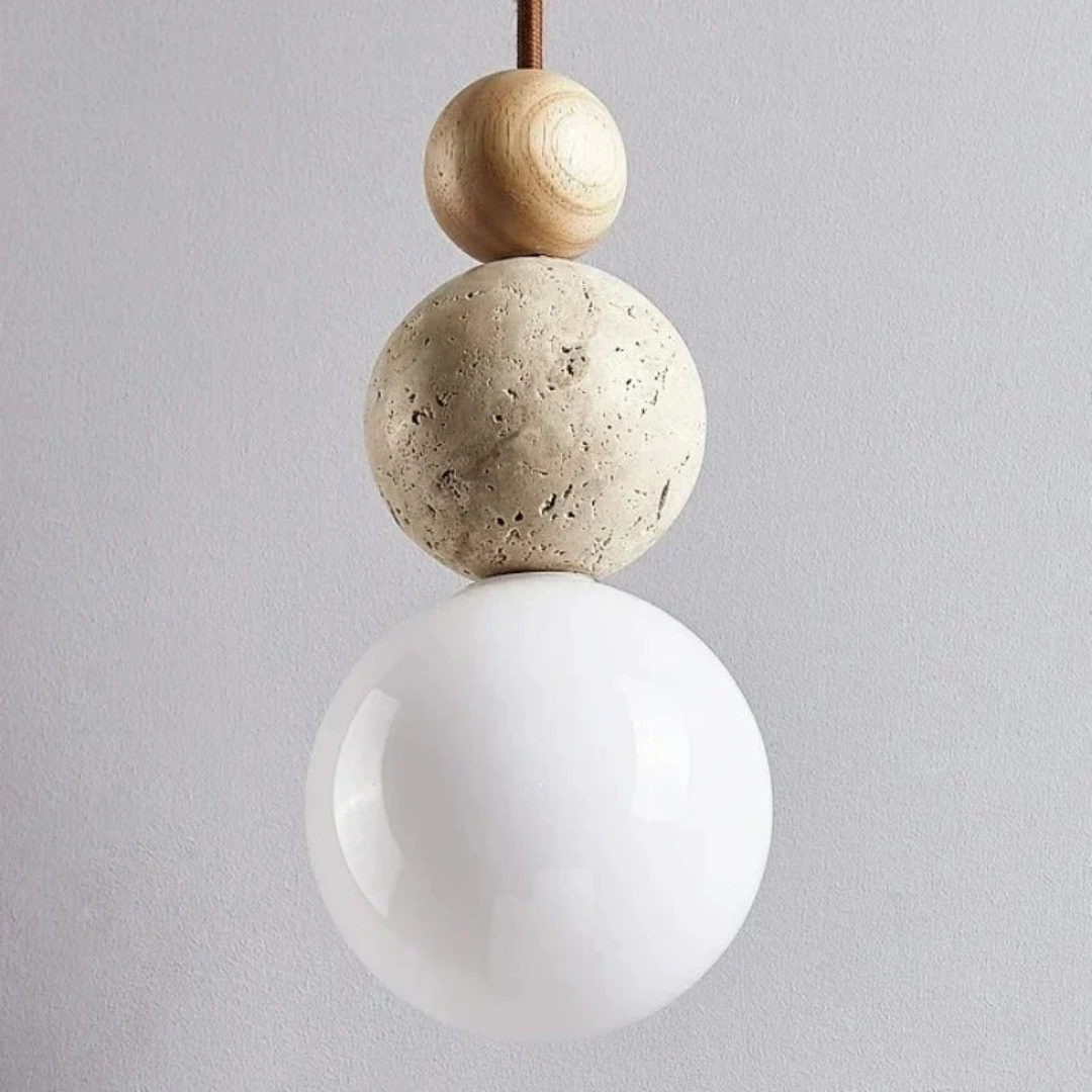 Travertin Hanglamp met Hout en Warmwit Licht