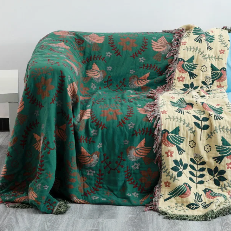 Omkeerbaar Katoenen Plaid met Scandinavisch Vogelpatroon