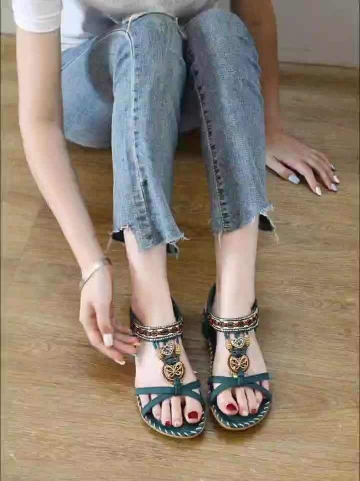 Dames Sandalen – Bohemian Handgeweven Elastische Bandsandalen