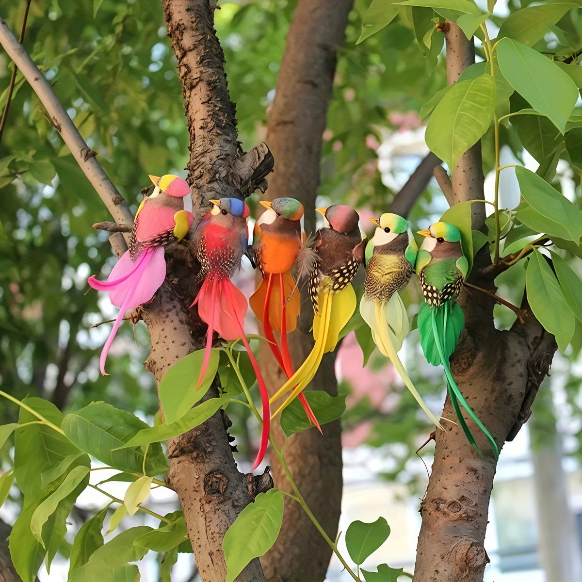 Kunstmatige Vogels met Lange Staart – 6 Stuks Kleurrijke Hangdecoratie voor Huis & Tuin