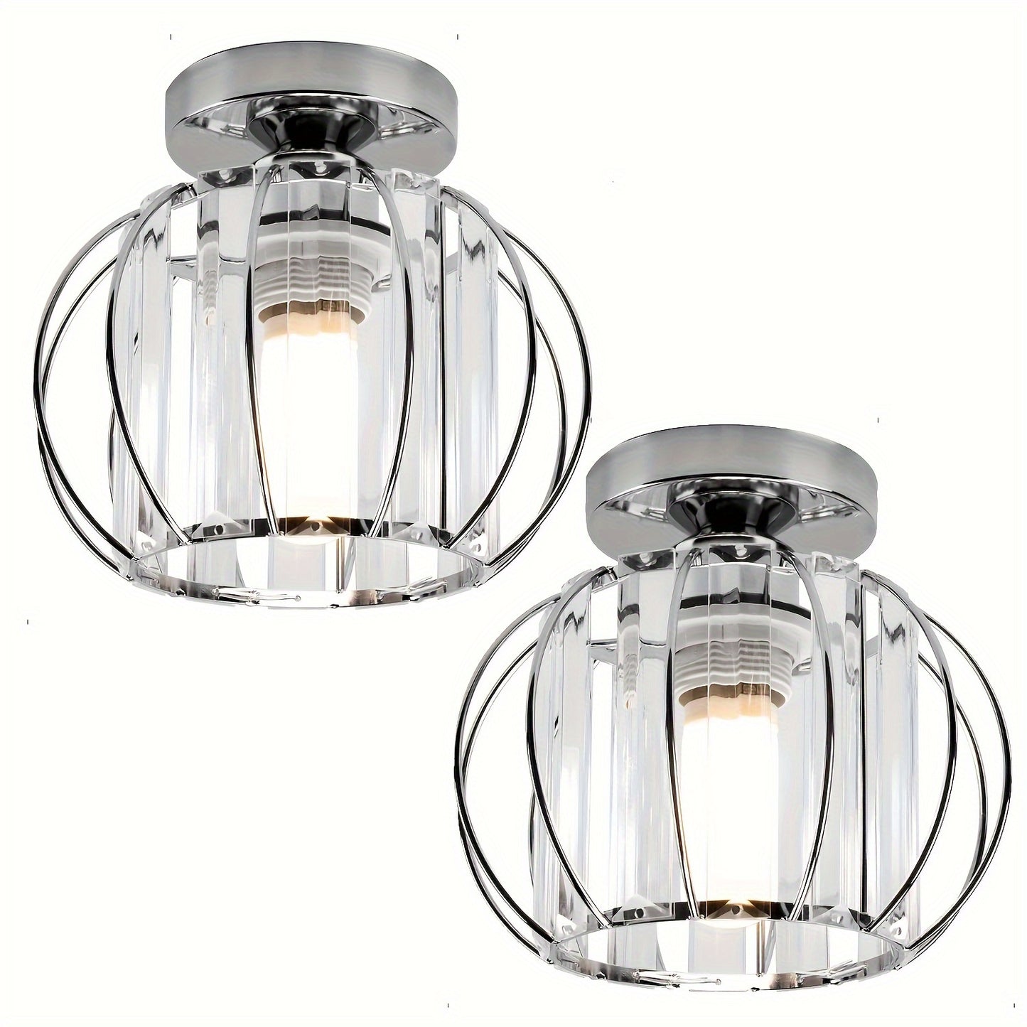 Industriële plafondlampen – set van 2 semi-flush armaturen met metalen kooi en kristalaccenten voor moderne binnenverlichting