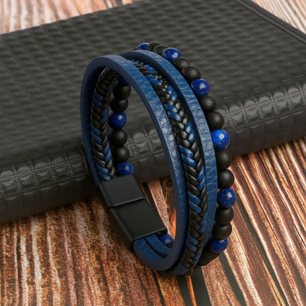 Heren Armband van Leer en Stenen Kralen met Magneetsluiting – 2 Stuks