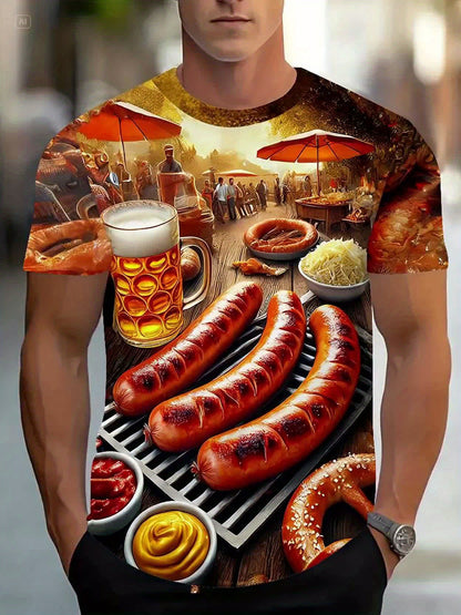 Heren 3D‑Bedrukt Polyester T‑Shirt met BBQ‑Scène
