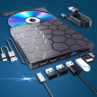 Multifunctionele Externe CD/DVD-drive – 8-in-1 USB 3.0 & Type-C met SD-kaartlezer voor Laptop & Desktop