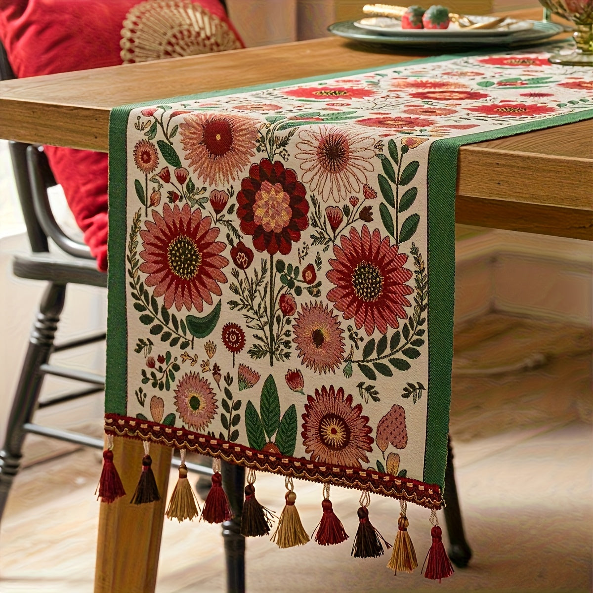 Boho tafelloper – geborduurd polyester doek van 121.92 cm voor koffietafel, kast en feestdecoratie