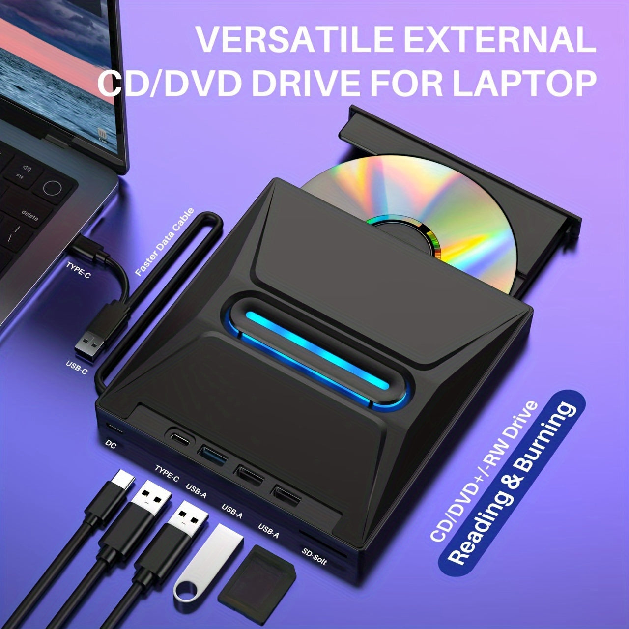 3-in-1 Externe CD/DVD-drive – USB 3.0, Type-C & SD-kaartlezer voor Laptop & Desktop
