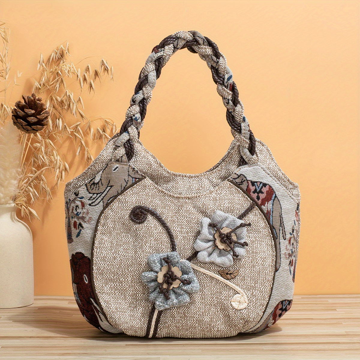 Boheemse Handgemaakte Handtas – Decoratieve Bloem Tote