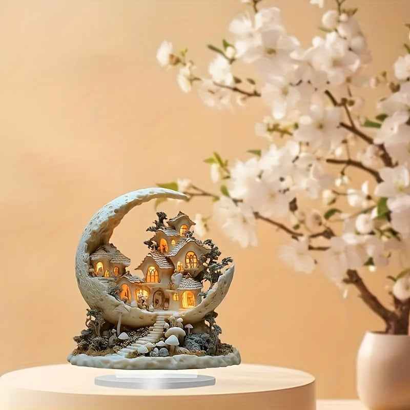 Maanvormige Decoratie met Verlicht Miniatuurdorp