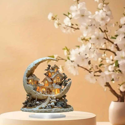 Maanvormige Decoratie met Verlicht Miniatuurdorp