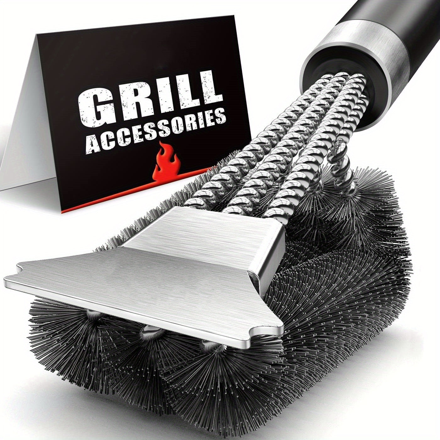 BBQ Grillborstel met Drievoudige Kop – Sterke Reinigingsborstel voor Buitenroosters