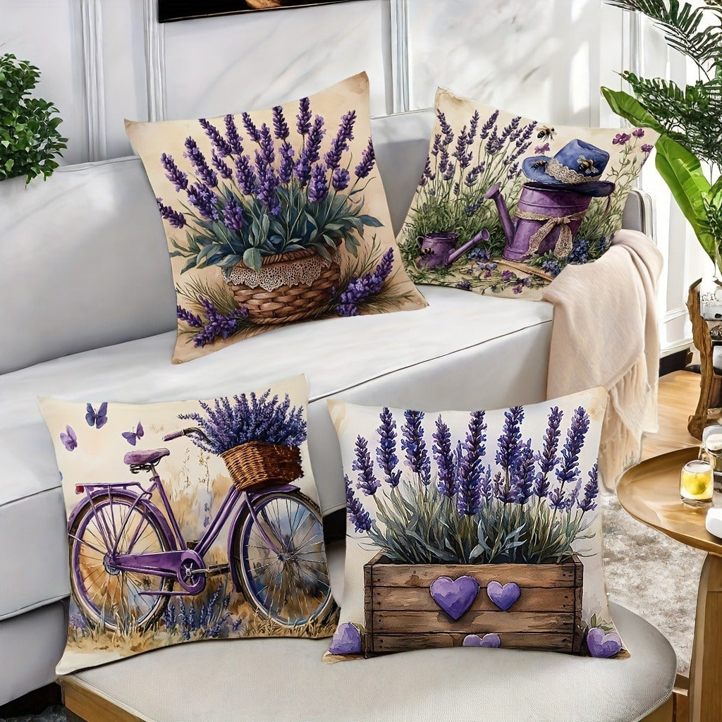 Set van 4 Lavendel Kussenhoezen met Retro Fietsontwerp