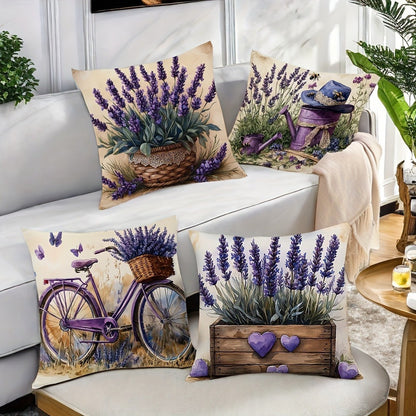 Set van 4 Lavendel Kussenhoezen met Retro Fietsontwerp