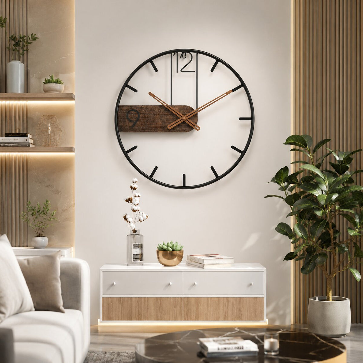 Moderne Wandklok met Stille Tijdsaanduiding en Hout‑Metaal Afwerking