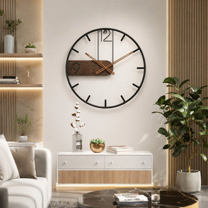 Moderne Wandklok met Stille Tijdsaanduiding en Hout‑Metaal Afwerking