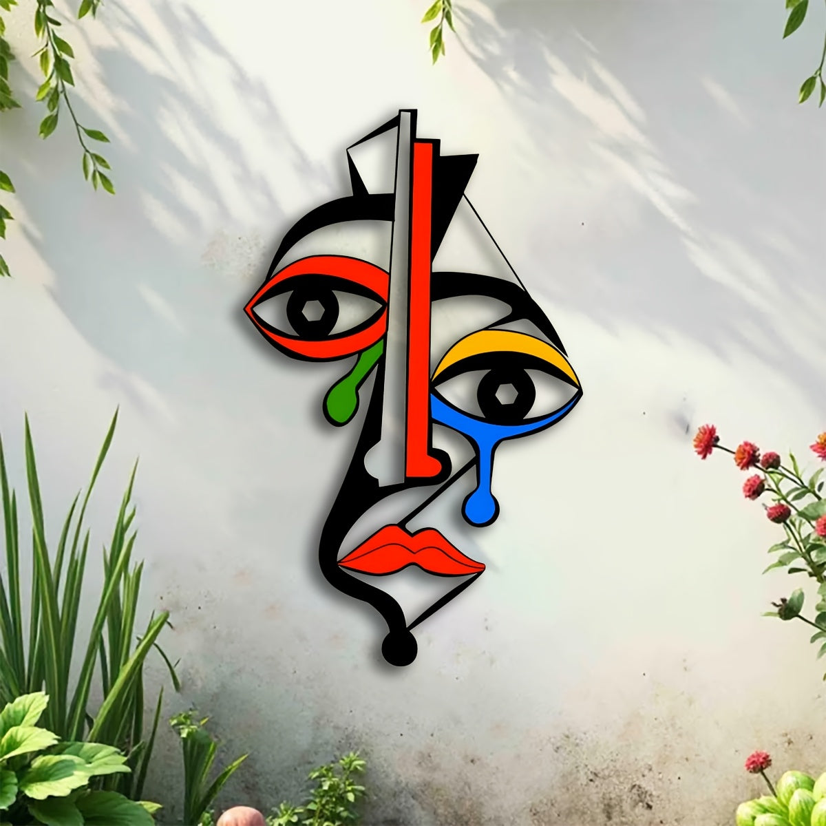 FaceForm Metalen Wandkunst – Picasso-Geïnspireerd Kubusgezicht in Abstracte Kleuren
