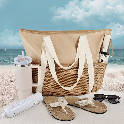 Grote Opvouwbare Strandtas met Mesh Zakken en Rits