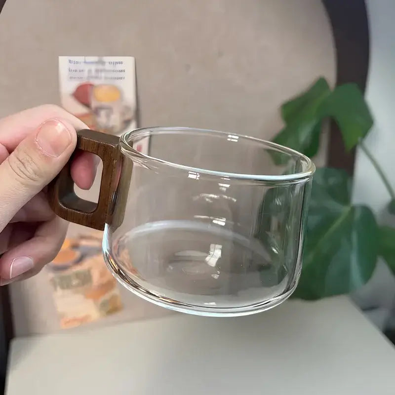 Glazen Theekop Set Met Houten Handgreep En Schotel