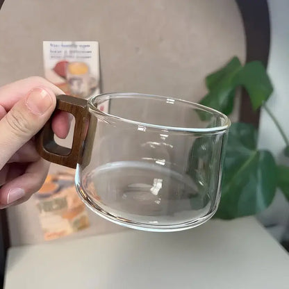 Glazen Theekop Set Met Houten Handgreep En Schotel