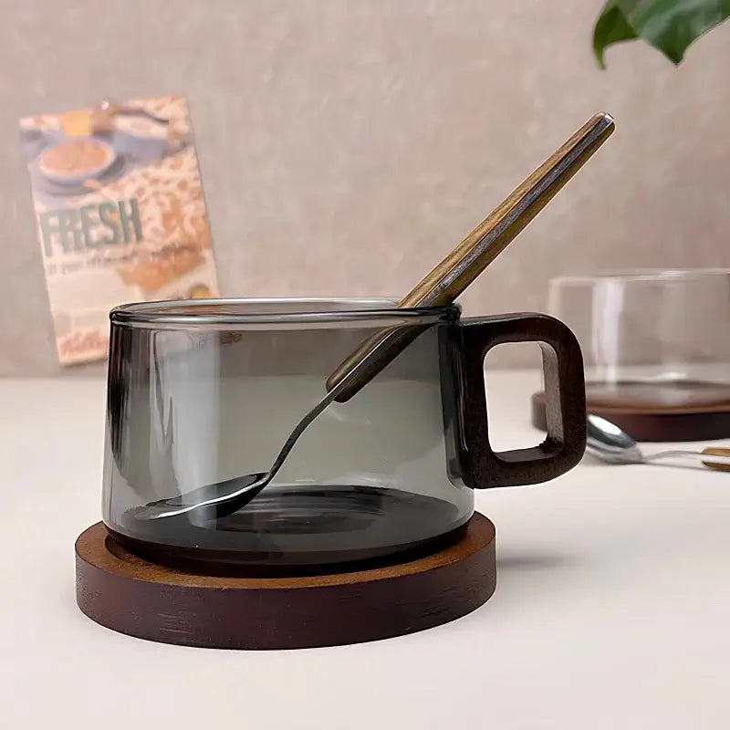 Glazen Theekop Set Met Houten Handgreep En Schotel