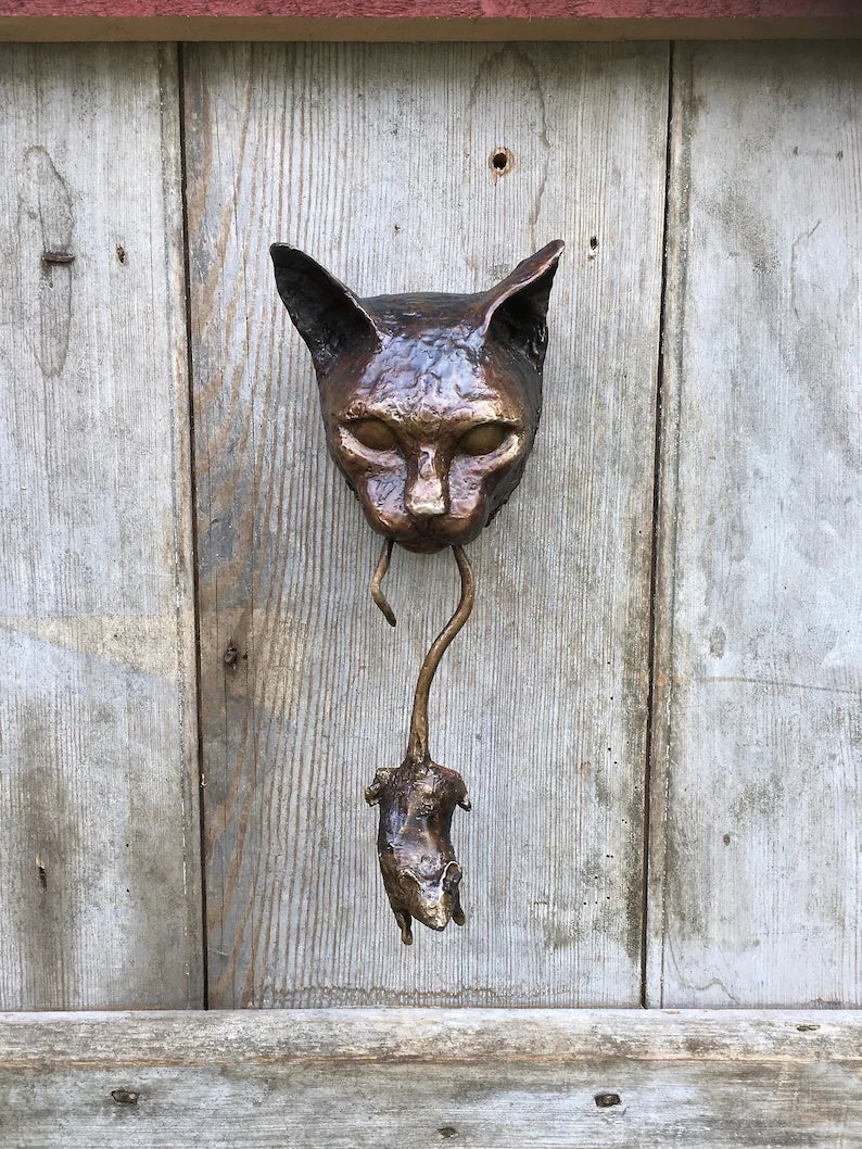 Bronzen Deurklopper met Katmotief en Beweegbare Muis voor Wanddecoratie