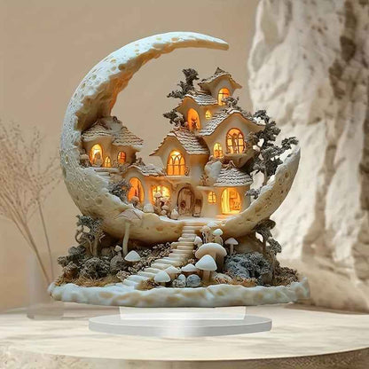 Maanvormige Decoratie met Verlicht Miniatuurdorp
