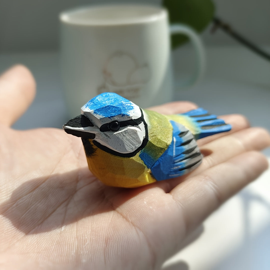 BlueTit Houten Sculptuur – Handgesneden Euraziatische Blauwe Mees voor Klassieke Woondecoratie