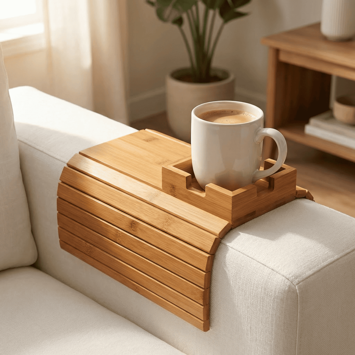 Bamboe Armleuning Tafel met Antislip en Bekerhouder