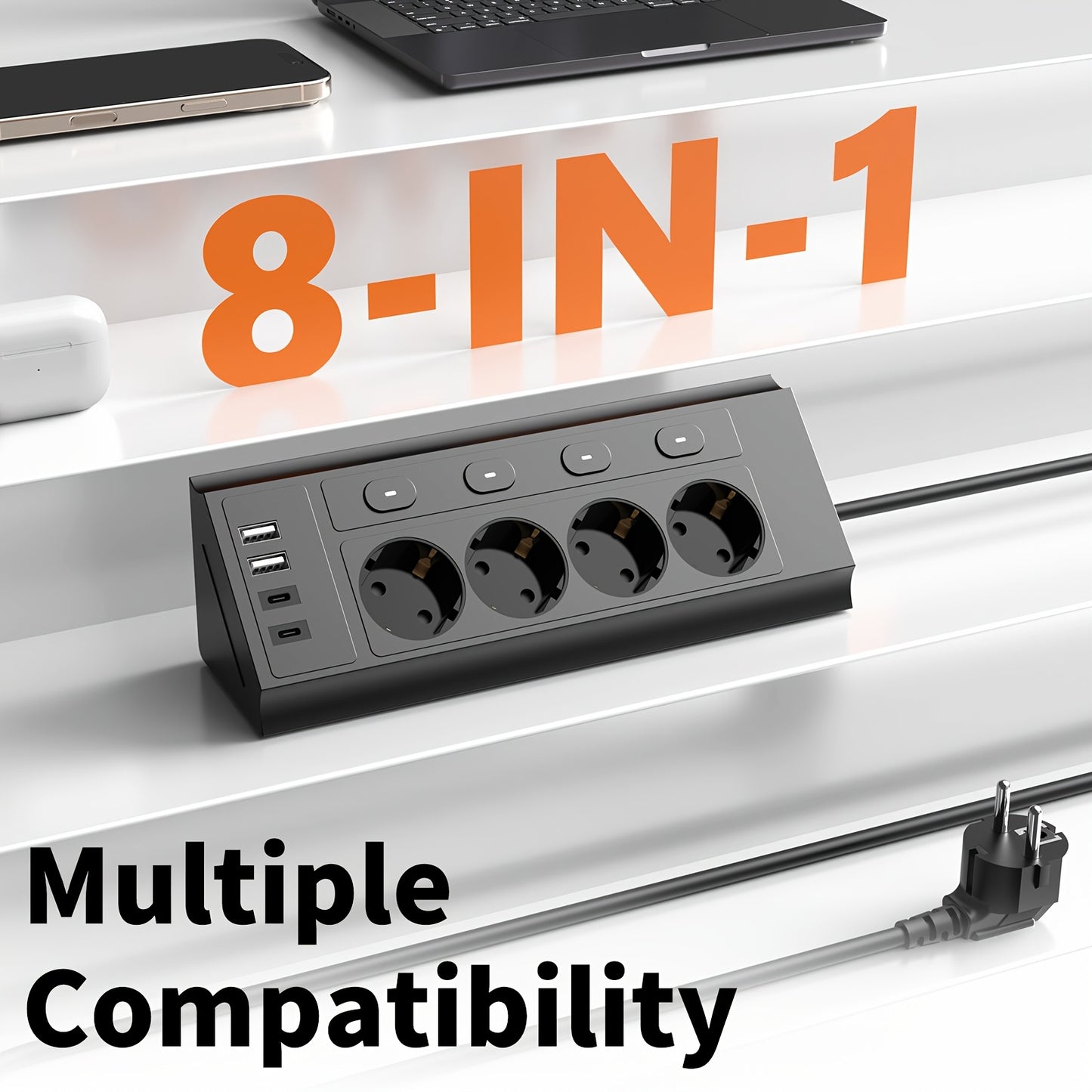 8‑in‑1 EU Stekkerdoos met USB & Type‑C