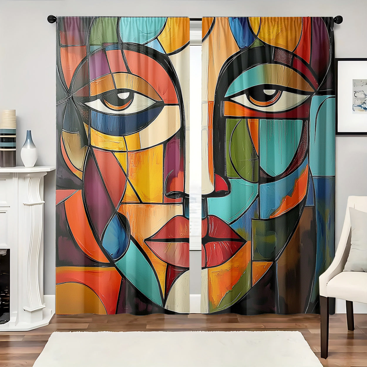 Art Deco Gordijnen – Abstract Gezichtsmotief in Perzikvelours