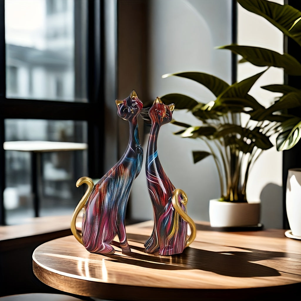 Kattenbeeldjes set – 2 stuks in levendige kleuren met gouden accenten, moderne harsdecoratie voor elk interieur