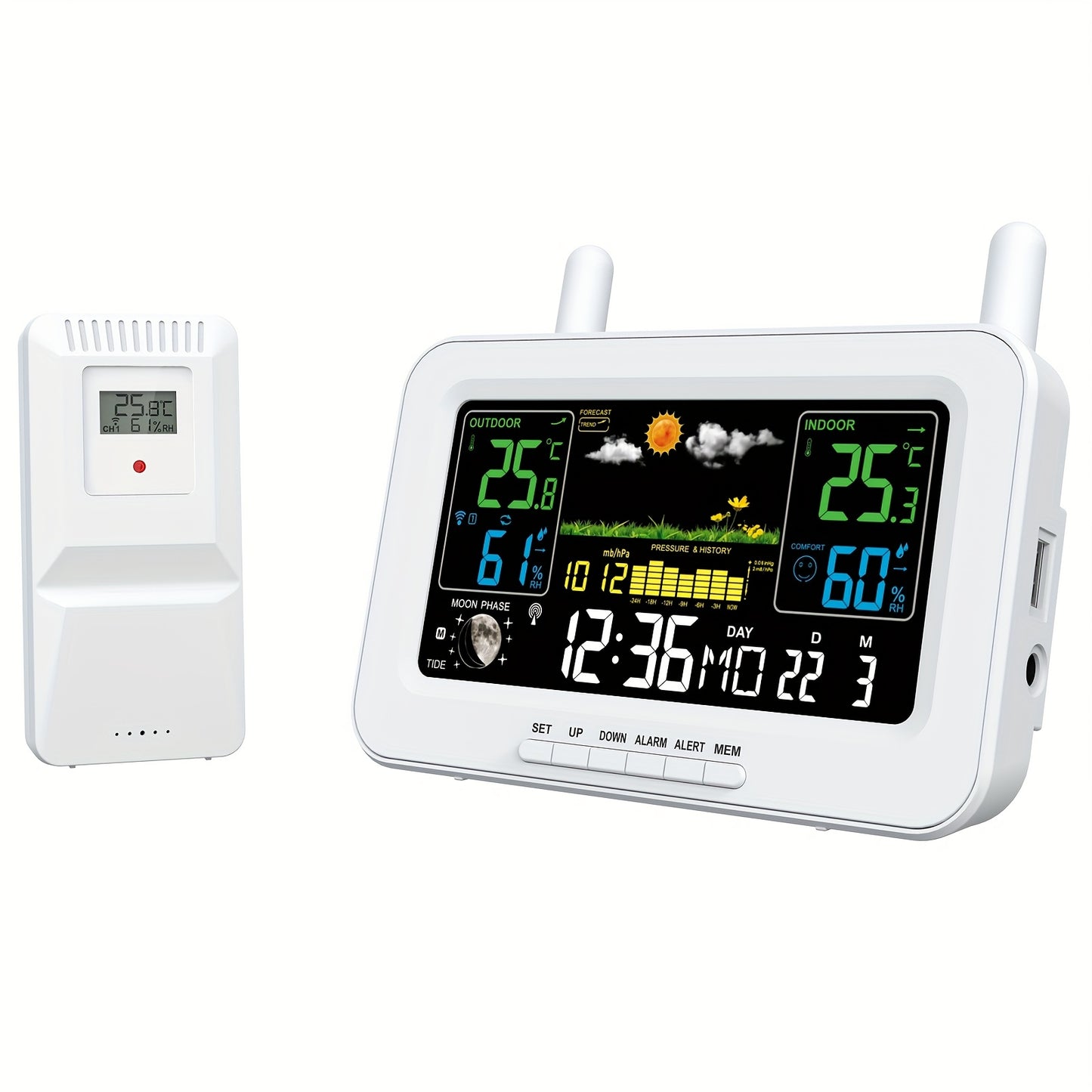 WFV Multifunctionele Atoomklok – Kleurenscherm met Kalender, Weersvoorspelling & USB-oplaadfunctie