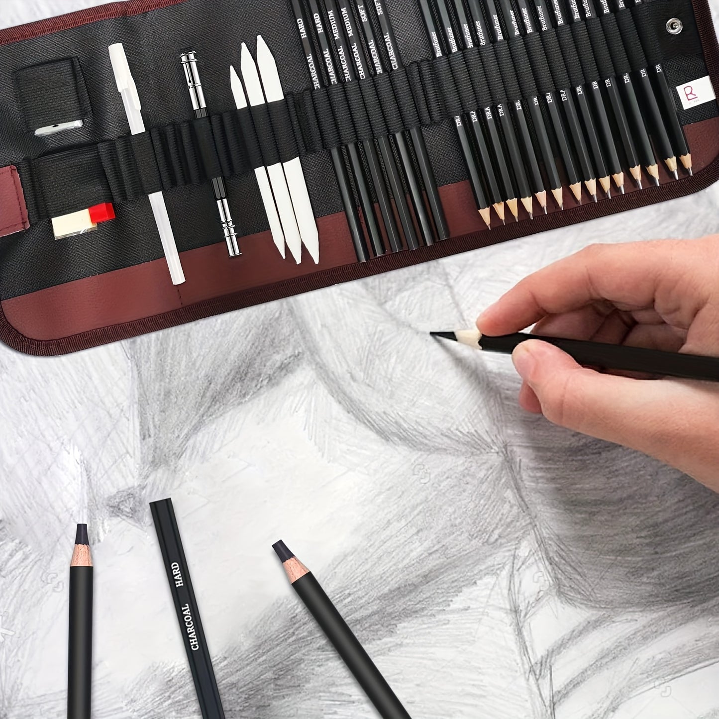 Professionele schetsset – 29/60-delig tekenpakket met grafiet, houtskool en blendingtools voor volwassen kunstenaars