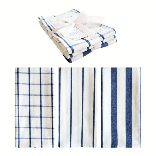 BlueGrid Keukendoekenset – 3-pack Rechthoekige Katoenen Doeken met Geruit en Gestreept Patroon